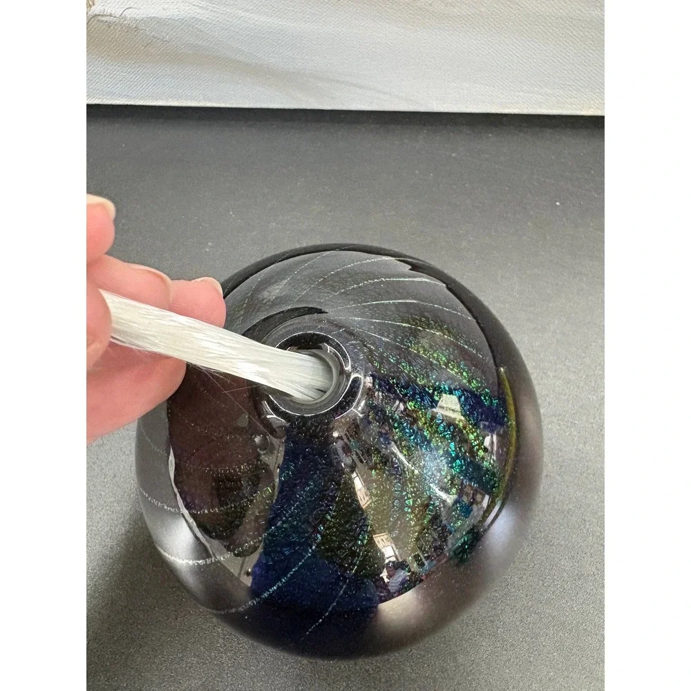 Maytum Studio 1994 Iridescent Art Glass Paperweight Oil Lamp  Blue Green